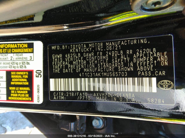 2021 TOYOTA CAMRY HYBRID LE VIN: 4T1C31AK1MU565703