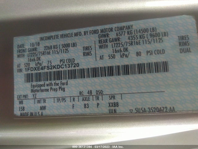 2019 Ford E-Series, VIN: 1FDXE4FS2KDC13720