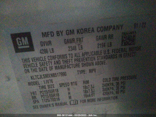 KL7CJLSMXNB517990 Chevrolet Trax Fwd Lt