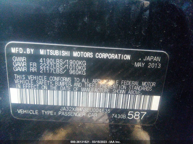 2014 MITSUBISHI LANCER SPORTBACK GT VIN: JA32X8HW3EU004635