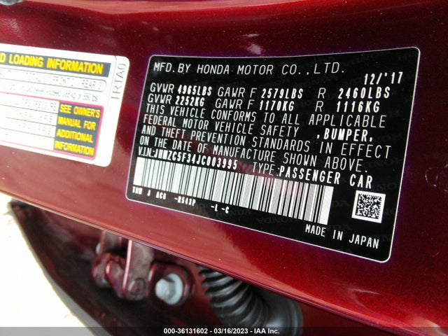 2018 Honda Clarity, VIN: JHMZC5F34JC003995