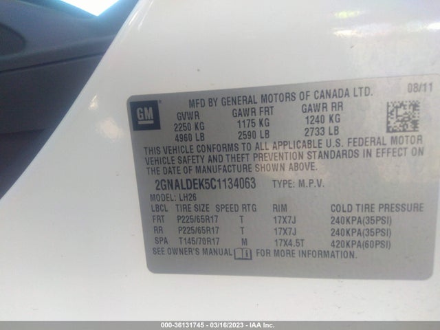 2012 CHEVROLET EQUINOX LT VIN: 2GNALDEK5C1134063