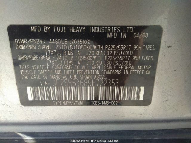 JF2SH63689H722353 Subaru Forester X W/prem/all-weather