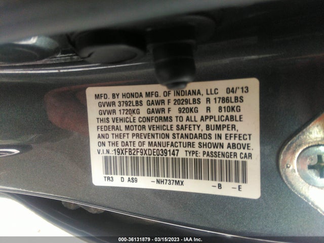2013 HONDA CIVIC SDN EX-L VIN: 19XFB2F9XDE039147