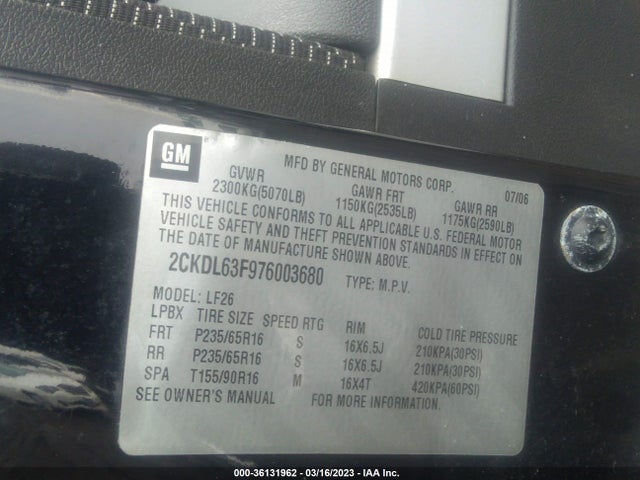 2007 PONTIAC TORRENT VIN: 2CKDL63F976003680