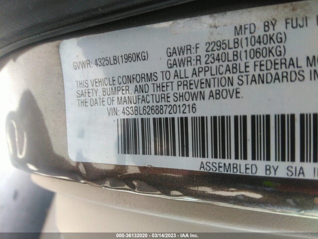 2008 SUBARU LEGACY LTD VIN: 4S3BL626887201216