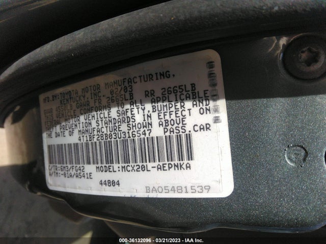 2003 TOYOTA AVALON XL/XLS VIN: 4T1BF28B03U316547