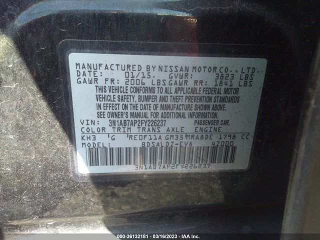 Nissan Sentra Sr/sl/s/sv/fe+ S 2015 3N1AB7AP2FY226237 Image 11