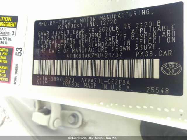 4T1K61AK7MU421737 Toyota CAMRY XSE