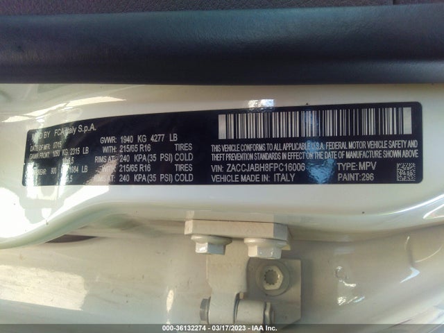 2015 JEEP RENEGADE LATITUDE VIN: ZACCJABH8FPC16006