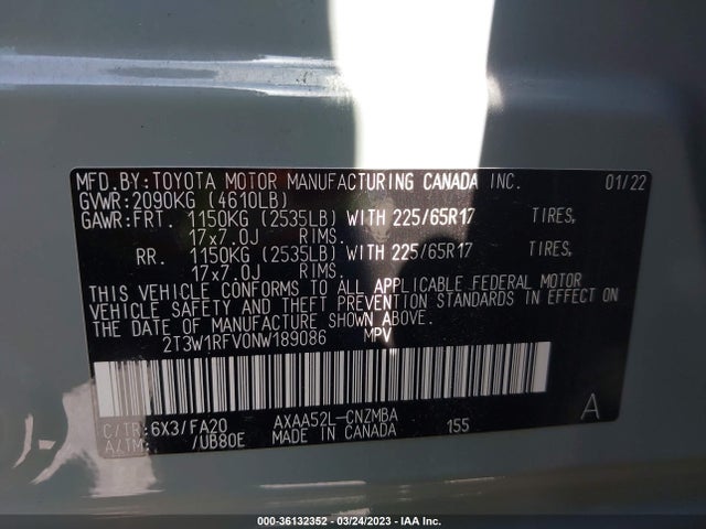 2022 Toyota RAV4, VIN: 2T3W1RFV0NW189086
