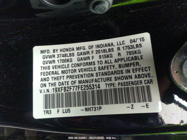 2015 HONDA CIVIC SEDAN SE VIN: 19XFB2F77FE255314
