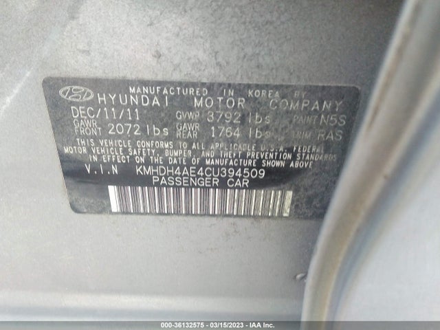 2012 HYUNDAI ELANTRA LIMITED VIN: KMHDH4AE4CU394509