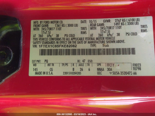 2015 FORD F-150 XL/XLT VIN: 1FTEX1C85FKE82082