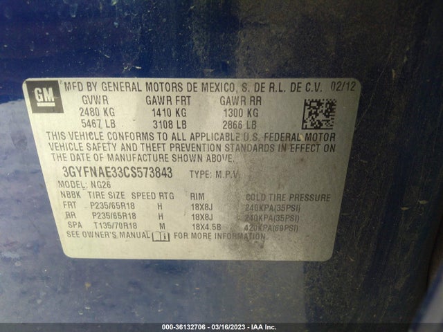 2012 CADILLAC SRX LUXURY COLLECTION VIN: 3GYFNAE33CS573843