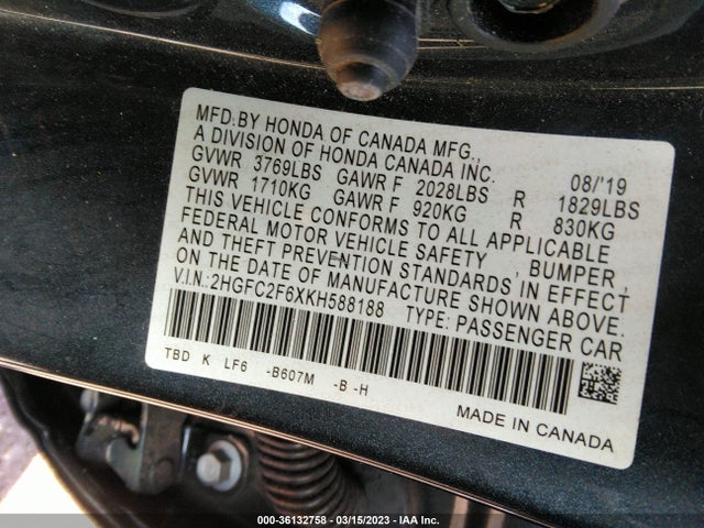 Honda Civic Lx 2019 2HGFC2F6XKH588188 Image 9