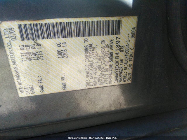 2009 NISSAN MAXIMA 3.5 S VIN: 1N4AA51EX9C841897