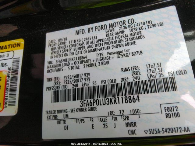 3FA6P0LU3KR118864 Ford Fusion Hybrid Se