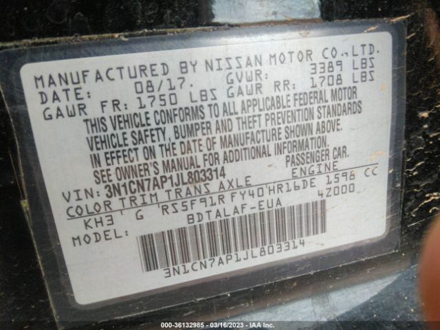 3N1CN7AP1JL803314 Nissan Versa Sedan S
