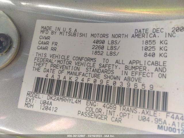 4A3AK24F09E039659 Mitsubishi ECLIPSE GS