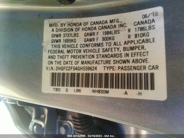 2016 HONDA CIVIC SEDAN LX VIN: 2HGFC2F54GH559624