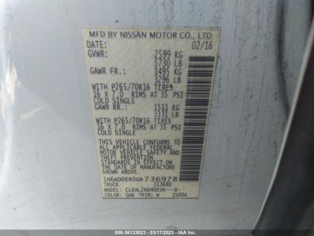 1N6AD0ER0GN736978 Nissan Frontier S/sv/desert Runner/sl