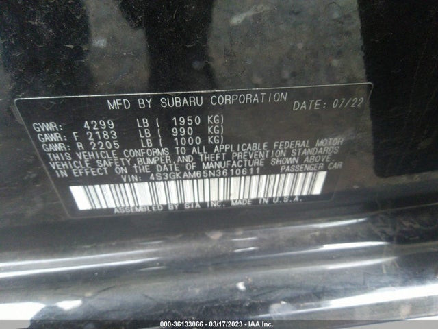 2022 SUBARU IMPREZA SPORT VIN: 4S3GKAM65N3610611