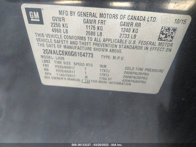 2016 Chevrolet Equinox, VIN: 2GNALCEK6G6164773