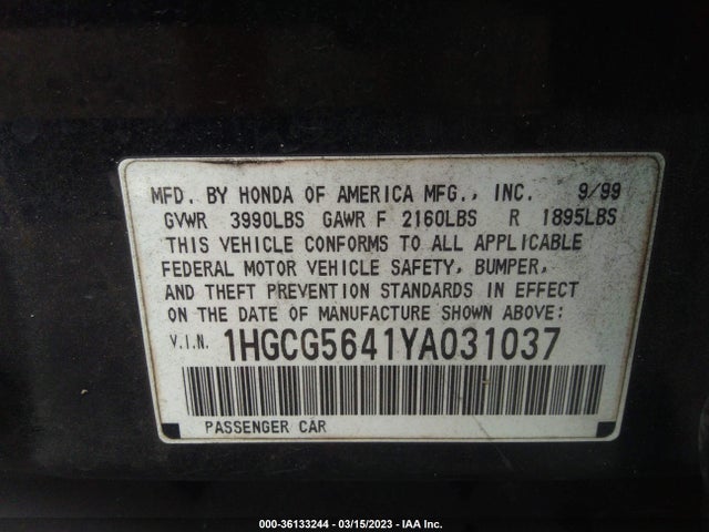 2000 HONDA ACCORD SDN LX VIN: 1HGCG5641YA031037