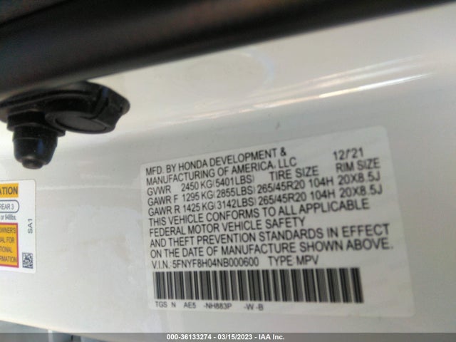 2022 HONDA PASSPORT ELITE VIN: 5FNYF8H04NB000600