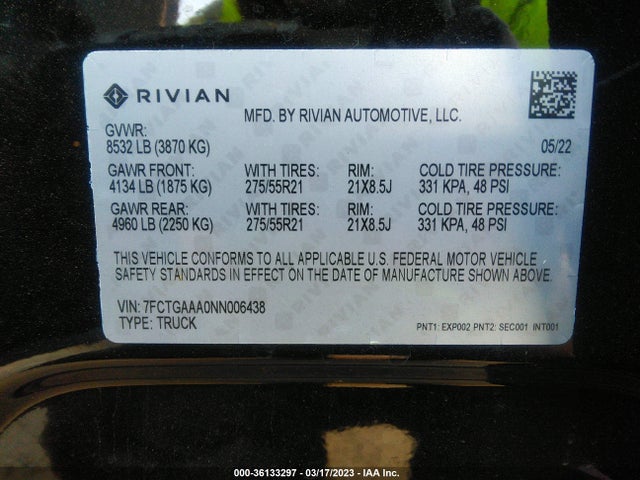 2022 Rivian R1T, VIN: 7FCTGAAA0NN006438