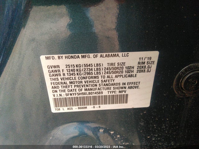 Honda Pilot Touring 8-passenger 2020 5FNYF5H9XLB014589 Image 9
