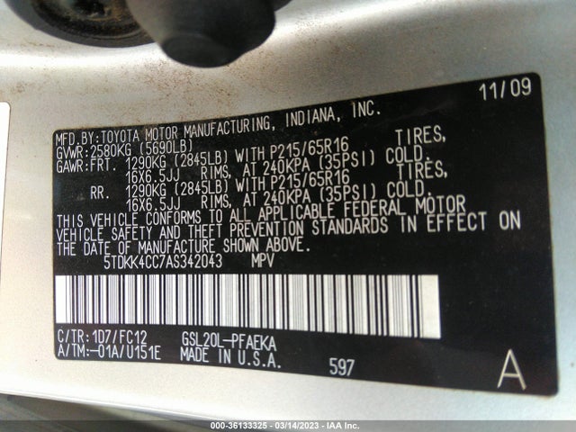 2010 TOYOTA SIENNA CE/LE VIN: 5TDKK4CC7AS342043