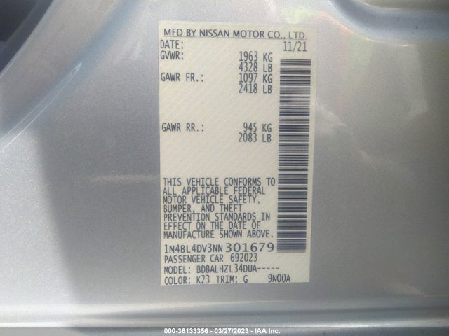 2022 Nissan Altima, VIN: 1N4BL4DV3NN301679