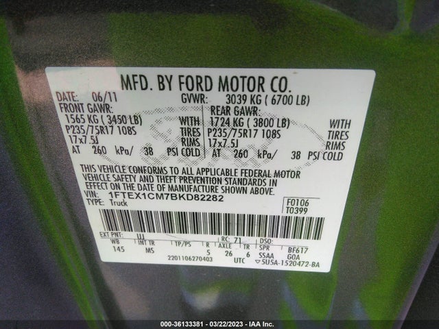 2011 FORD F-150 XL/STX/XLT VIN: 1FTEX1CM7BKD82282