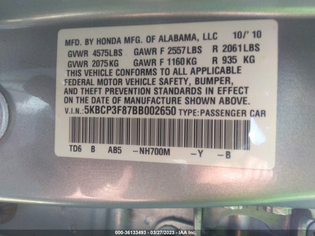 2011 HONDA ACCORD SDN EX-L VIN: 5KBCP3F87BB002650