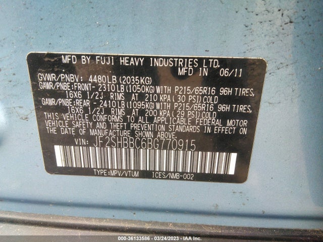 2011 SUBARU FORESTER 2.5X VIN: JF2SHBBC6BG770915