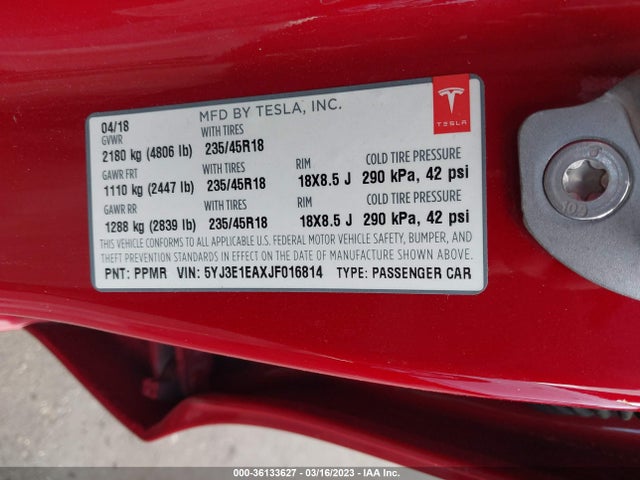 Tesla Model 3 Range Battery 2018 5YJ3E1EAXJF016814 Image 10