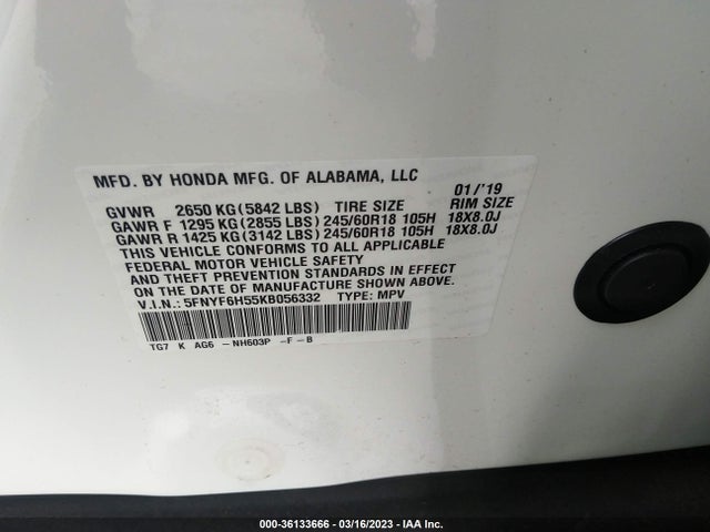 Honda Pilot Ex-l 2019 5FNYF6H55KB056332 Image 9