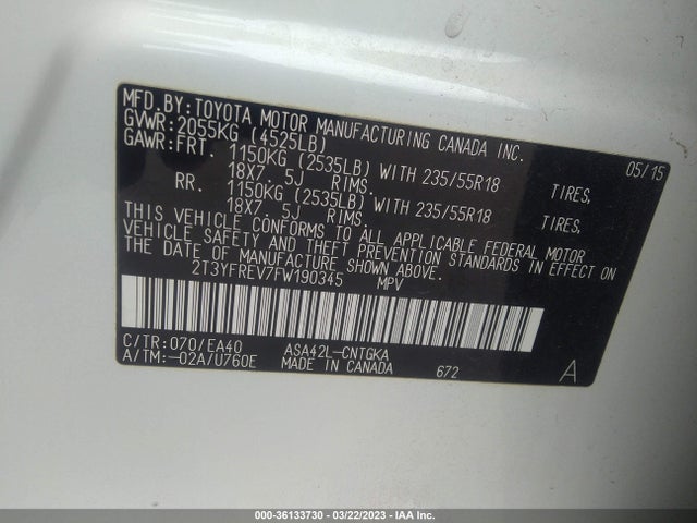 Toyota Rav4 Limited 2015 2T3YFREV7FW190345 Image 9