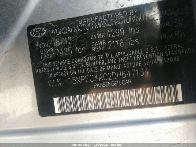 2013 HYUNDAI SONATA LIMITED PZEV VIN: 5NPEC4AC2DH647134