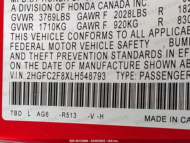 2020 HONDA CIVIC SEDAN SPORT VIN: 2HGFC2F8XLH548793