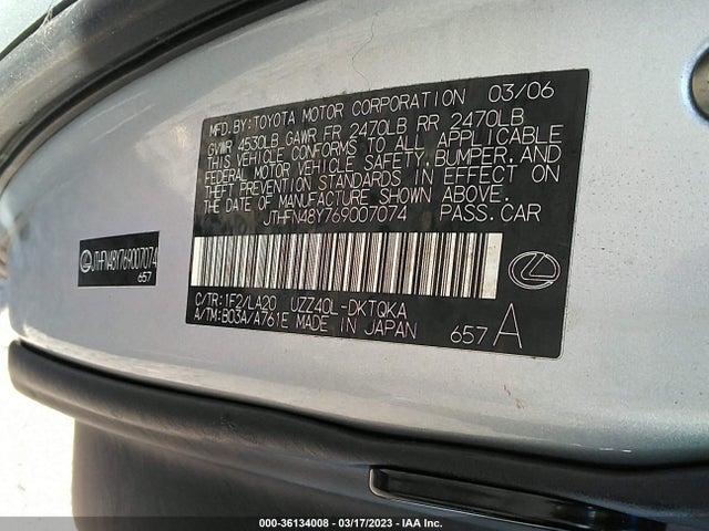 2006 LEXUS SC 430 VIN: JTHFN48Y769007074