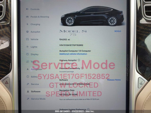 2016 TESLA MODEL S 70 KWH VIN: 5YJSA1E17GF152852
