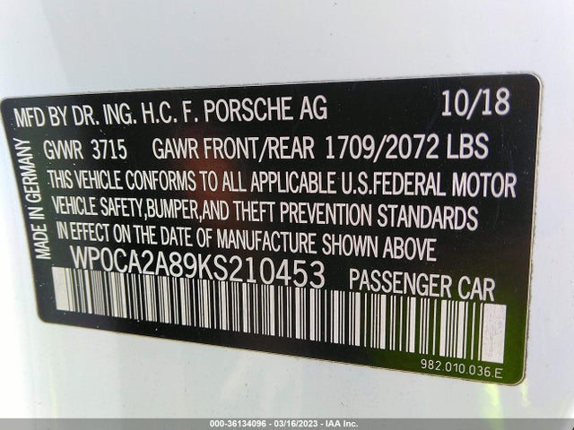 2019 Porsche 718, VIN: WP0CA2A89KS210453