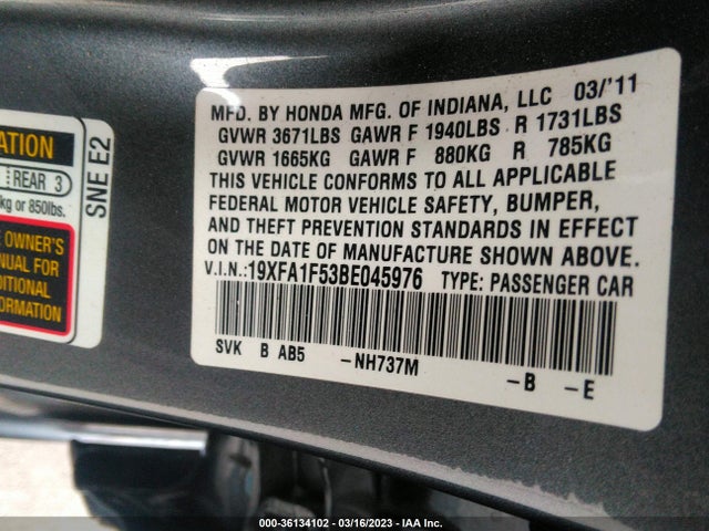 2011 HONDA CIVIC SDN LX VIN: 19XFA1F53BE045976