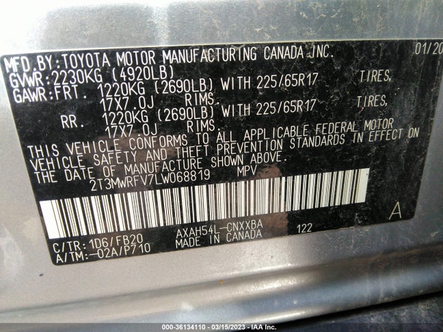 2020 TOYOTA RAV4 LE HYBRID VIN: 2T3MWRFV7LW068819
