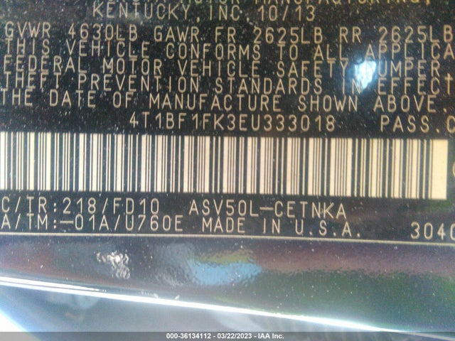 2014 TOYOTA CAMRY L/LE/XLE/SE/SE SPORT VIN: 4T1BF1FK3EU333018