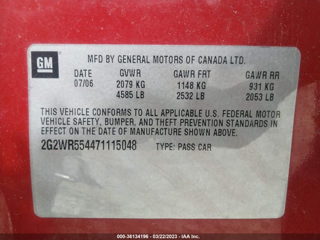 2007 PONTIAC GRAND PRIX GT VIN: 2G2WR554471115048