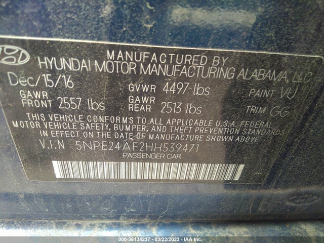 2017 HYUNDAI SONATA 2.4L VIN: 5NPE24AF2HH539471